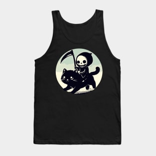 Kawaii Grim Reaper Riding on Black Cat Tank Top